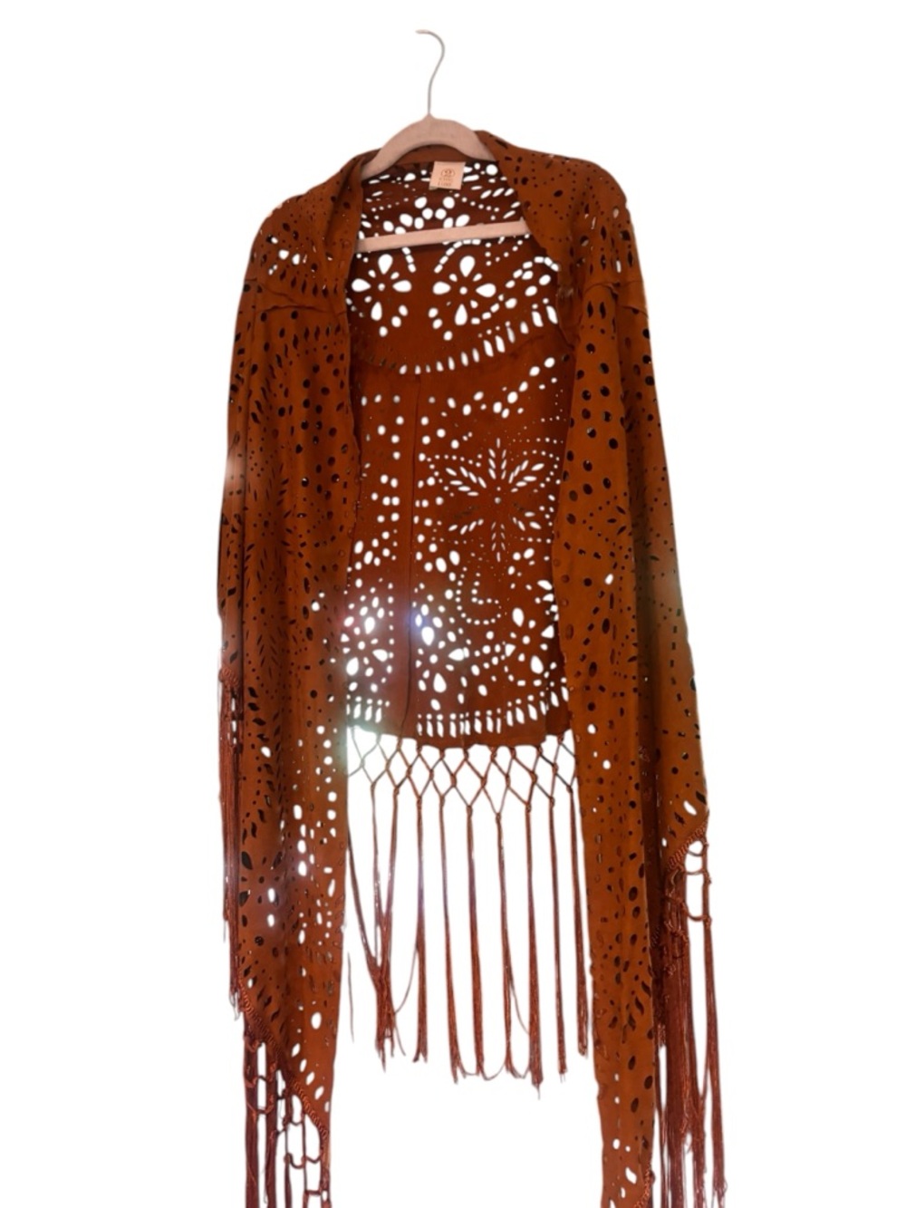 Boho Laser-Cut Fringe Shawl Sweater - Rust